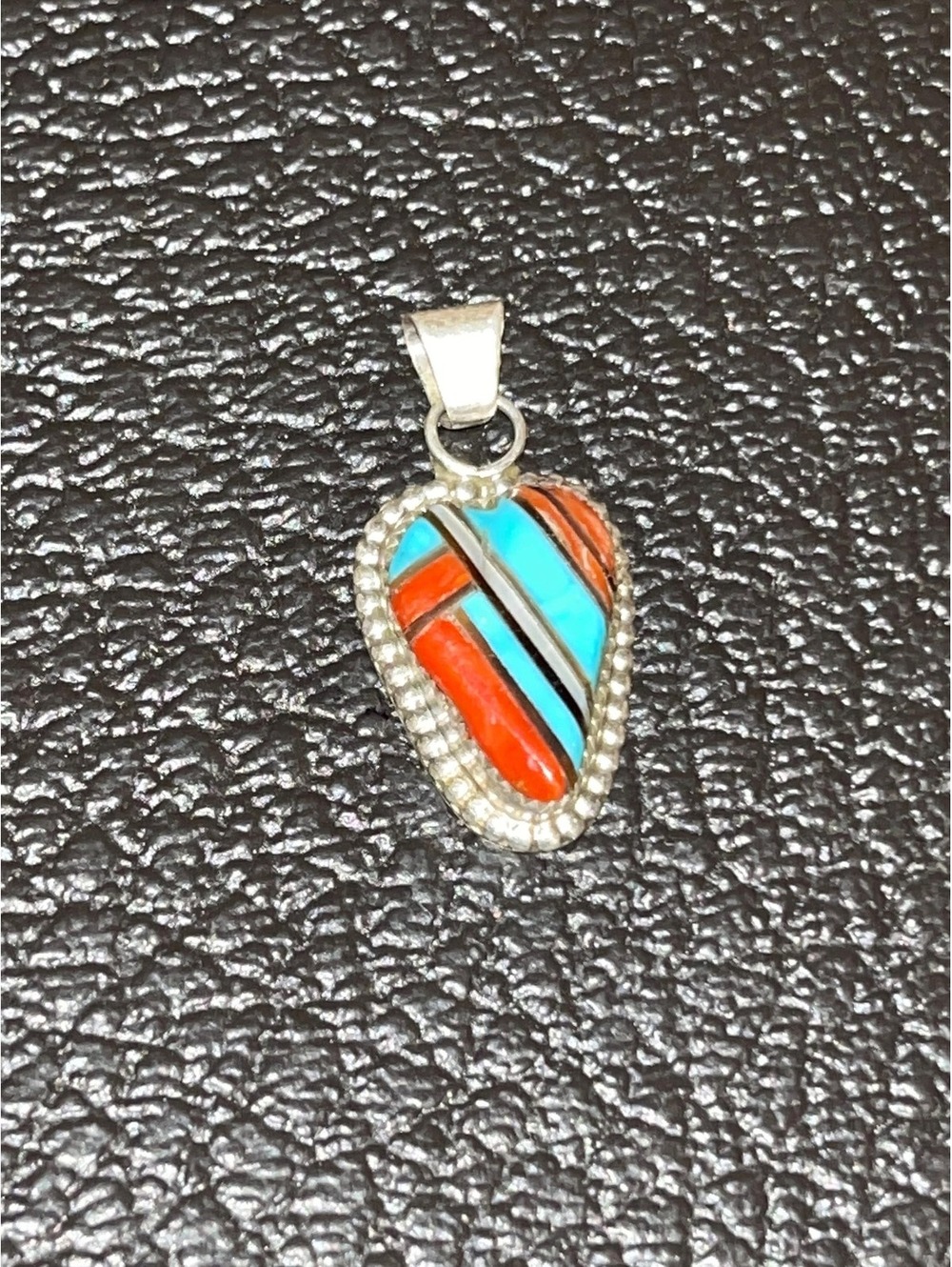 Native American Zuni handmade sterling silver turquoise inlay heart pendant